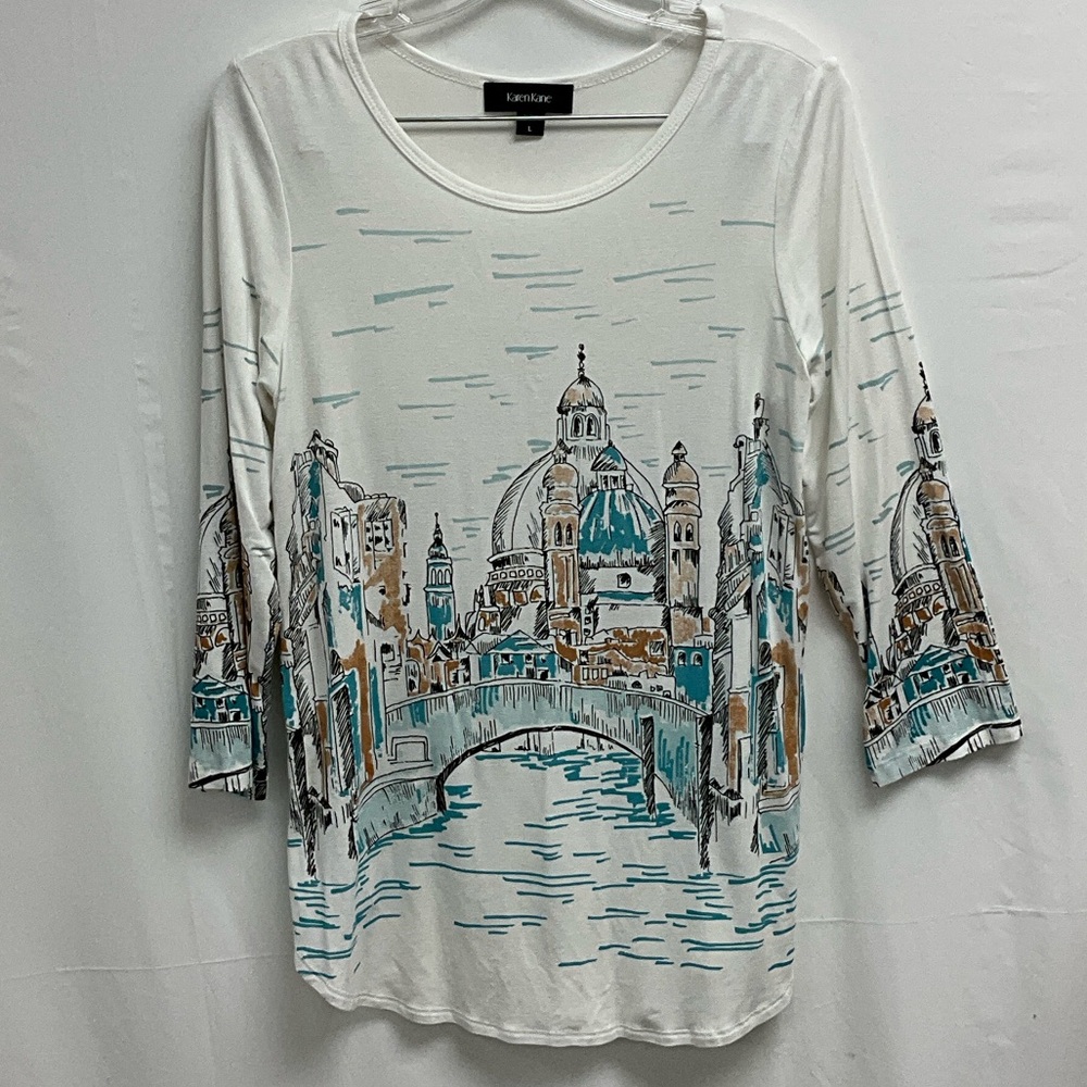 Karen Kane White and Teal Cityscape Long Sleeve Top